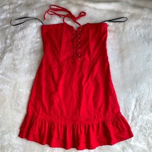 F21 Mini Red Lace Up Strapless Dress